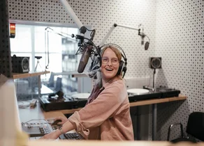 Photo: A female student is having fun being On Air in our eldoradio* radio station