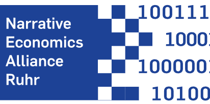 Logo: Text "NEAR" in large white letters on navy blue background that looks like a speech bubble, to the right side text "Narrative Economics Alliance Ruhr" in white letters spread across 4 lines, arrangement of blue numbers (ones and zeroes)