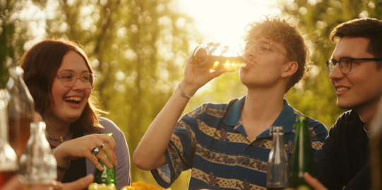 Photo: 3 students are having a cold drink in the late afternoon sun. Background: sun is shining through tree leaves.